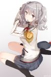  1girl adjusting_hair epaulettes hat hat_removed headwear_removed kantai_collection kashima_(kantai_collection) kerchief long_hair military military_uniform mouth_hold nuko_miruku silver_hair solo twintails tying_hair uniform wavy_hair 