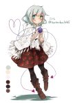  1girl alternate_costume black_legwear blush boots color_guide cross-laced_footwear eyeball fishnets floral_print full_body green_eyes green_hair heart heart_of_string komeiji_koishi lace-up_boots long_sleeves looking_at_viewer no_hat poncho short_hair simple_background skirt smile solo string third_eye touhou toutenkou twitter_username white_background 