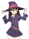  1girl akko_kagari brown_eyes cowboy_shot hat holding holding_hat little_witch_academia long_hair looking_at_viewer smile solo witch_hat 