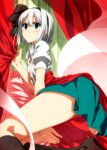  1girl black_legwear blue_eyes blush flat_chest hairband hitodama kneehighs konpaku_youmu konpaku_youmu_(ghost) looking_at_viewer no_bra no_panties open_clothes open_shirt pillow sazanami_mio shirt short_hair silver_hair skirt solo touhou 