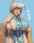  1girl blonde_hair blue_background blush breasts brown_eyes chanta_(ayatakaoisii) covered_nipples cowboy_shot dress fox_tail hands_up hat huge_breasts long_sleeves multiple_tails open_mouth pillow_hat see-through short_hair simple_background slit_pupils solo sweat tabard tail teeth tongue touhou translation_request wet wet_clothes white_dress wide_hips wide_sleeves yakumo_ran 