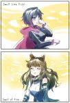  2girls black_hair blake_belladonna bow brown_hair cloak closed_eyes disgust eyes eyeshadow fish gradient_hair hair_bow highres holding_nose hood hooded_cloak iesupa makeup multicolored_hair multiple_girls redhead ruby_rose rwby silver 