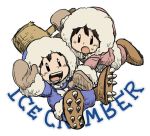  1boy 1girl boots brown_hair cleats copyright_name facial_mark falling gloves hammer ice_climber nana_(ice_climber) open_mouth oto parka popo_(ice_climber) simple_background smile solid_oval_eyes sweatdrop whisker_markings white_background 