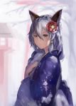  1girl alternate_costume animal_ears blurry braid brown_eyes cat_ears depth_of_field flower granblue_fantasy hair_flower hair_ornament heles highres japanese_clothes kimono long_hair long_sleeves looking_at_viewer silver_hair sm5050 smile solo torii wide_sleeves 