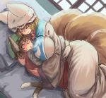  2girls animal_ears backlighting bedroom between_breasts blonde_hair blush breasts brown_eyes cat_ears chanta_(ayatakaoisii) chen fox_tail green_hat hand_in_another&#039;s_hair happy hat heavy_breathing holding indoors large_breasts long_sleeves multiple_girls multiple_tails perspective pillow pillow_hat red_skirt red_vest shirt short_hair size_difference skirt sleeping sliding_doors sweat tail thick_thighs thighs touhou two_tails white_shirt wide_sleeves yakumo_ran 