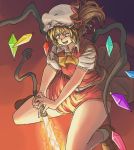  1girl ascot blonde_hair bow brown_shoes chanta_(ayatakaoisii) collared_shirt constricted_pupils dark fire flame flandre_scarlet floating hat hat_bow looking_down mob_cap red_eyes red_skirt red_vest shirt shoes short_hair short_sleeves side_ponytail skirt skirt_lift smile smoke solo sword_of_hisou thighs touhou white_shirt wings 