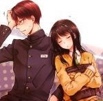  1boy 1girl bag black_hair blush closed_eyes gakuran glasses ikezawa_masaomi leaning_on_person long_hair love_lab maki_natsuo necktie redhead riio_(ohlychan) school_uniform short_hair sleeping 