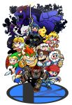  4girls 6+boys black_eyes blonde_hair blue_eyes blue_hair bowser brown_hair cape closed_eyes dr._mario falco_lombardi fangs fire_emblem fire_emblem:_rekka_no_ken game_&amp;_watch ganondorf giga_bowser gloves glowing glowing_eyes highres ice_climber ice_climbers long_gloves looking_at_another looking_away mario super_mario_bros. marth mewtwo mr._game_&amp;_watch multiple_boys multiple_girls nana_(ice_climber) parka pichu pink_eyes pokemon pokemon_(game) popo_(ice_climber) princess_peach princess_zelda rariatto_(ganguri) redhead roy_(fire_emblem) shaded_face sharp_teeth sheik shield smash_ball star_fox super_mario_bros. super_smash_bros. surprised sword the_legend_of_zelda the_legend_of_zelda:_ocarina_of_time toad weapon white_background white_gloves young_link 