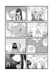  asashimo_(kantai_collection) bowtie comic commentary_request futatsuki_hisame globe hair_over_one_eye hayashimo_(kantai_collection) highres kantai_collection kiyoshimo_(kantai_collection) long_hair monochrome multiple_girls open_mouth ponytail school_uniform smile translation_request 
