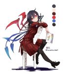  1girl alternate_costume asymmetrical_wings black_hair black_legwear blush boots chair color_guide full_body high_heels houjuu_nue long_sleeves looking_at_viewer paintbrush pantyhose red_eyes short_hair simple_background sitting smile solo striped touhou toutenkou twitter_username white_background wings 