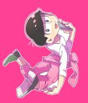 1boy :3 alternate_costume black_hair cellphone en_(naguen) half-closed_eyes hand_to_own_mouth heart heart_in_mouth highres jumpsuit looking_at_viewer looking_back male_focus matsuno_todomatsu osomatsu-kun osomatsu-san phone pink_background smartphone smile solo tied_sleeves 