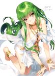  1girl all_fours anklet bangle barefoot blush bracelet breast_squeeze breasts c.c. code_geass creayus green_hair harem_outfit jewelry long_hair see-through 