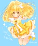  1girl :t blonde_hair blue_background bow brooch character_name choker cure_peace curly_hair frills full_body highres jewelry kise_yayoi kneeling long_hair magical_girl pika_pika_pikarin_jankenpon pout precure shoes skirt smile_precure! solo star twitter_username uzuki_aki v white_shoes wrist_cuffs yellow_bow yellow_eyes yellow_skirt 