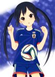  1girl 2014_fifa_world_cup absurdres black_hair brown_eyes highres k-on! long_hair nakano_azusa soccer soccer_uniform solo sportswear twintails world_cup 