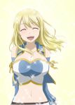  1girl blonde_hair bluesnowcat breasts cleavage closed_eyes detached_sleeves earrings fairy_tail jewelry long_hair lucy_heartfilia navel open_mouth solo 