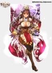  1girl age_of_ishtaria armor armored_dress black_legwear breasts brown_hair cleavage detached_sleeves dress electricity large_breasts long_hair official_art original short_dress solo sword thigh-highs toki_no_ishutaria very_long_hair weapon yaman_(yamanta_lov) 