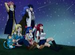  2boys 4girls armpits black_hair black_legwear blonde_hair blue_eyes blue_hair blue_skirt bluesnowcat breasts brown_eyes carla cleavage erza_scarlet fairy_tail gray_fullbuster hair_ribbon happy_(fairy_tail) juvia_lockser long_hair lucy_heartfilia multiple_boys multiple_girls natsu_dragneel navel outdoors pink_hair pink_ribbon pleated_skirt ribbon scarf school_uniform short_hair sitting skirt sky spiky_hair star_(sky) starry_sky thigh-highs wendy_marvell white_scarf 