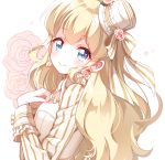  1girl blonde_hair blue_eyes bow coco_(otoca_doll) earrings flower hat highres jewelry kobeni long_hair looking_at_viewer mini_hat mini_top_hat otoca_doll rose smile solo striped striped_bow top_hat upper_body white_background white_hat 