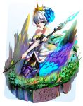  1girl armor armored_dress bare_shoulders blue_eyes choker crown dress feathers gwendolyn hair_feathers hair_ornament hong_(white_spider) looking_at_viewer odin_sphere polearm seiza short_hair sitting smile solo spear strapless_dress thigh-highs weapon white_hair wings 