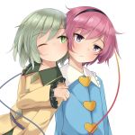  2girls arai_togami blush green_eyes green_hair hairband head_to_head heart komeiji_koishi komeiji_satori long_sleeves looking_at_another multiple_girls no_hat one_eye_closed pink_hair pout shirt short_hair siblings simple_background sisters string touhou upper_body violet_eyes white_background wide_sleeves 