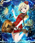  1girl acoustic_guitar blonde_hair blue_eyes elbow_gloves epaulettes erica_hartmann gloves guitar hat instrument marching_band musical_note necktie open_mouth short_hair smile staff_(music) strike_witches uniform 