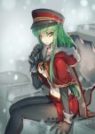  1girl bare_midriff breasts c.c. christmas cleavage code_geass cosplay creayus cuffs gloves green_hair hood long_hair miniskirt navel no_bra pantyhose sack santa_claus santa_costume shawl sitting skirt snow snowing solo stomach under_boob yellow_eyes 