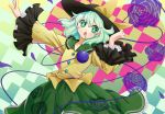  1girl eyeball floral_print flower green_eyes green_hair hat hat_ribbon heart heart_of_string komeiji_koishi long_sleeves looking_at_viewer open_mouth outstretched_arm ribbon rose shirt short_hair skirt solo string third_eye to_glasses touhou wide_sleeves 