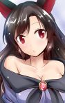  1girl animal_ears bare_shoulders black_hair breasts brooch cleavage collarbone highres imaizumi_kagerou jewelry large_breasts long_hair looking_at_viewer red_eyes solo touhou upper_body very_long_hair wolf_ears y2 