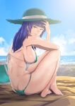  1girl ass barefoot bikini blue_hair breasts florence_kirishima from_behind gundam hat jack_hamster large_breasts long_hair looking_back sd_gundam sd_gundam_g-generation smile solo swimsuit violet_eyes 