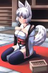  1girl animal_ears black_legwear blush breasts detached_sleeves eyes_visible_through_hair hand_on_own_chest highres inubashiri_momiji kouno_ibuki kourindou_tengu_costume large_breasts looking_at_viewer obi open_mouth red_eyes sash short_hair silver_hair sitting solo sweat tail thigh-highs touhou wide_sleeves wolf_ears wolf_tail 