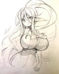  1girl :t animal_ears breasts centaur centorea_shianus hand_on_hip horse_ears huge_breasts long_hair monochrome monster_girl monster_musume_no_iru_nichijou ponytail signature sketch solo traditional_media upper_body very_long_hair zerion 