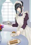  1girl :d apron black_eyes blush cookie cup daglasses flower food hair_bun highres looking_at_viewer maid maid_headdress open_mouth original rose saucer sidelocks smile solo tears 