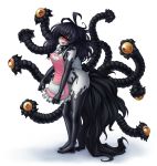  1girl ahoge apron arched_back bare_shoulders black_hair blush contrapposto cyclops extra_eyes full_body gazer_(monster_girl_encyclopedia) grin long_hair looking_at_viewer monorus monster_girl monster_girl_encyclopedia naked_apron one-eyed pink_apron red_eyes smile solo tail tentacles white_skin 