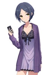  1girl black_hair breasts cleavage hayami_kanade highres holding_phone idolmaster idolmaster_cinderella_girls short_hair simple_background solo white_background yahiro_(epicopeiidae) yellow_eyes 