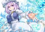  1girl hat juliet_sleeves lavender_hair letty_whiterock long_sleeves looking_at_viewer mob_cap outstretched_arms pink_eyes puffy_sleeves sash shirt skirt smile solo touhou umigarasu_(kitsune1963) 