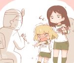  &gt;:o 1boy 2girls :o blonde_hair blush brown_hair chair clothes_writing commentary_request doctor full-face_blush girls_und_panzer gym_shorts gym_uniform hand_on_another&#039;s_head hanomido katyusha long_hair multiple_girls nonna open_mouth outstretched_arm petting short_hair stuffed_monkey sweat syringe trembling 