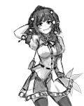  1girl black_hair black_legwear blush breasts fan frilled_skirt frills hat large_breasts leaf looking_at_viewer maple_leaf monochrome pan-ooh pointy_ears pom_pom_(clothes) puffy_short_sleeves puffy_sleeves shameimaru_aya short_hair short_sleeves simple_background sketch skirt smile solo thigh-highs tokin_hat touhou white_background 