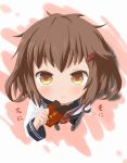 1girl :t brown_eyes brown_hair chocolate commentary_request foreshortening from_above hair_ornament hairclip highres ikazuchi_(kantai_collection) kantai_collection looking_at_viewer looking_up maromi_gou neckerchief school_uniform serafuku short_hair solo translation_request 