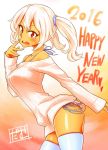  1girl 2016 blonde_hair damu_ningen happy_new_year highres new_year off_shoulder original panties red_eyes ribbed_sweater scrunchie short_twintails side-tie_panties skindentation solo sweater tan thigh-highs twintails underwear 