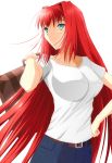  1girl aozaki_aoko belt blue_eyes breasts denim hair_intakes hand_on_hip highres jeans long_hair melty_blood pants redhead shirt smile solo suitcase tsukihime white_shirt yuuk33 