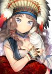  1girl :o blue_eyes blush breasts brown_hair cleavage closed_mouth collarbone eyebrows eyelashes feathers grey_eyes hair_ribbon headdress holding jacket jewelry long_hair looking_at_viewer native_american_headdress necklace original ribbon see-through short_sleeves simple_background sleeves_past_wrists solo tress_ribbon upper_body white_background wrist_cuffs yan&#039;yo_(yan&#039;yan&#039;yo) 