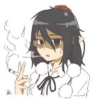  1girl bags_under_eyes black_hair cigarette commentary_request expressionless hat holding looking_at_viewer open_mouth pointy_ears pom_pom_(clothes) red_eyes ru2n131 shameimaru_aya short_hair simple_background smoke smoking solo tagme tokin_hat touhou white_background 