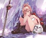  1girl blonde_hair boots clarent fate/apocrypha fate/grand_order fate_(series) green_eyes helmet jacket jacket_on_shoulders jewelry necklace ponytail saber_of_red scrunchie short_shorts shorts sitting solo star_wars stormtrooper strapless sword tokopi tubetop weapon 