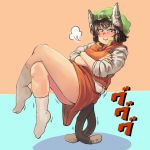  1girl :3 =3 animal_ears black_eyes black_hair blue_background blush cat_ears cat_tail chanta_(ayatakaoisii) chen crossed_arms crossed_legs full_body green_hat hat legs long_sleeves multiple_tails orange_background pose red_skirt red_vest shirt short_hair skirt small_breasts smug socks solo tail thighs touhou trembling two-tone_background two_tails white_legwear white_shirt 