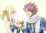  1boy 1girl blonde_hair bluesnowcat brown_eyes eye_contact fairy_tail hair_ornament long_hair looking_at_another lucy_heartfilia natsu_dragneel pink_hair scarf short_hair spiky_hair tattoo twintails white_scarf 