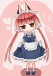  1girl animal_ears apron blush_stickers brown_eyes cat_ears chibi clarion cyborg doll_joints gloves heart highres kamisaka koukaku_no_pandora maid maid_headdress open_mouth pink_background redhead short_sleeves solo translation_request waist_apron white_gloves 