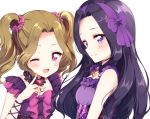  2girls ;d aikatsu! blouse bow brown_hair daichi_nono detached_collar frills hair_bow hairband kobeni long_hair looking_at_viewer multiple_girls one_eye_closed open_mouth pink_bow pink_eyes purple_bow purple_hair purple_shirt shirakaba_risa shirt short_hair smile twintails upper_body violet_eyes white_background 