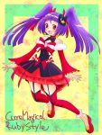  1girl :d black_hat bow brooch character_name cure_magical detached_sleeves earrings frills full_body hair_bow hat highres izayoi_liko jewelry long_hair magical_girl mahou_girls_precure! mini_hat mini_witch_hat open_mouth precure purple_hair red_bow red_legwear red_shoes red_skirt ruby_style ruriruri shoes skirt smile solo star star_earrings striped striped_bow thigh-highs twintails violet_eyes witch_hat yellow_background 