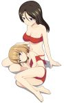  2girls bare_legs bare_shoulders barefoot bikini blonde_hair blue_eyes blush breasts brown_hair cleavage commentary_request girls_und_panzer hand_on_another&#039;s_head hand_on_head highres katyusha lap_pillow long_hair lying multiple_girls nanashino navel nonna on_side petting red_bikini short_hair sitting smile swimsuit yokozuwari 