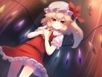  1girl ascot blonde_hair bow commentary_request dutch_angle flandre_scarlet gengetsu_chihiro hands_on_own_chest hat hat_bow highres looking_at_viewer mob_cap puffy_short_sleeves puffy_sleeves red_eyes shirt short_sleeves side_ponytail skirt skirt_set smile solo touhou vest wings 